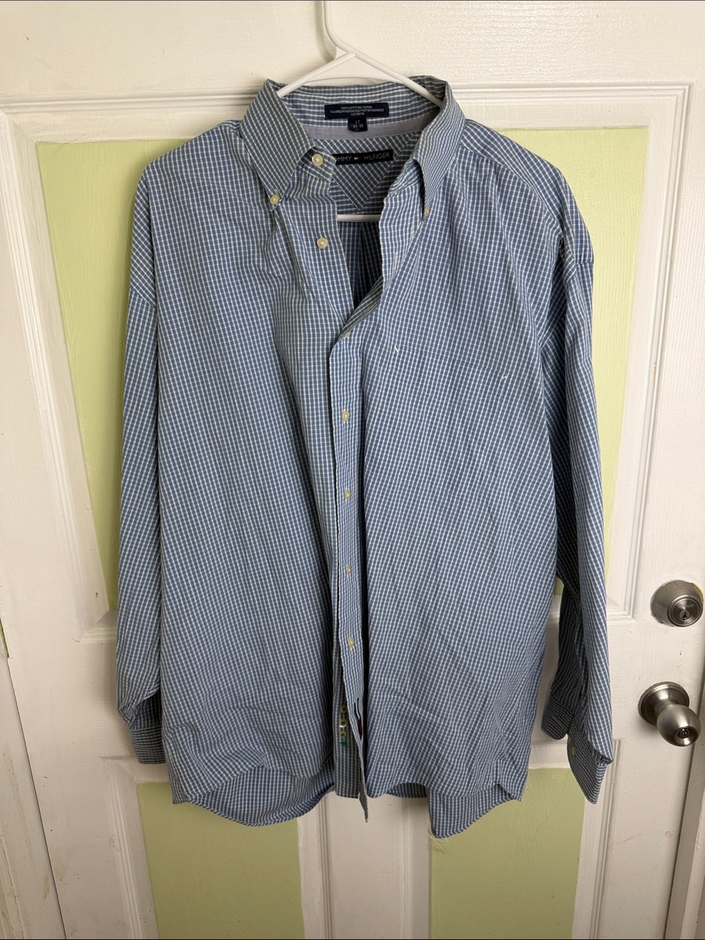 (2330) Tommy Hilfiger Men's Blue Micro-Check Button-Down Shirt, Size: 17 35/35